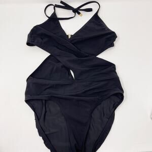 Tory Burch Solid Wrap One Piece Swimsuit Black XSmall XS Halter Neck Cut Outs